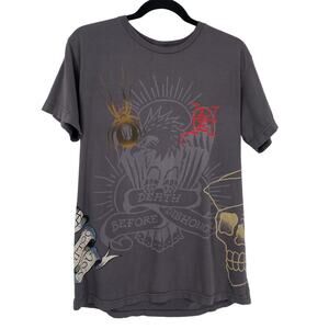 Y2K Ed Hardy Audigier Tattoo Art Skull Graphic Tee L Cotton Grey Made In USA